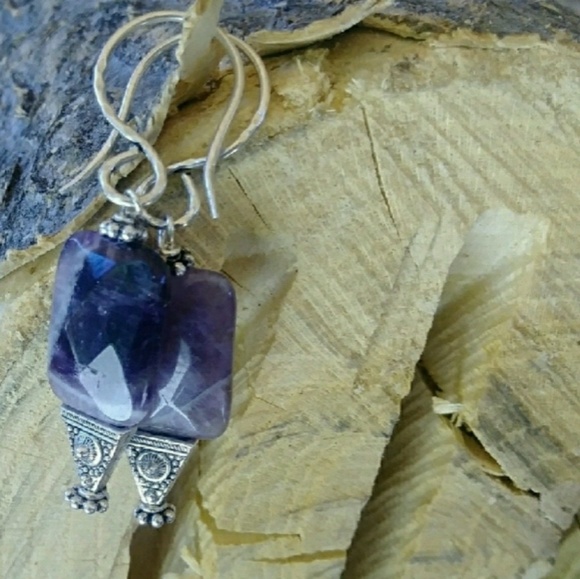 🎅Sale 925 Hammered Sterling Amethyst Boho Dangles - Picture 3 of 3